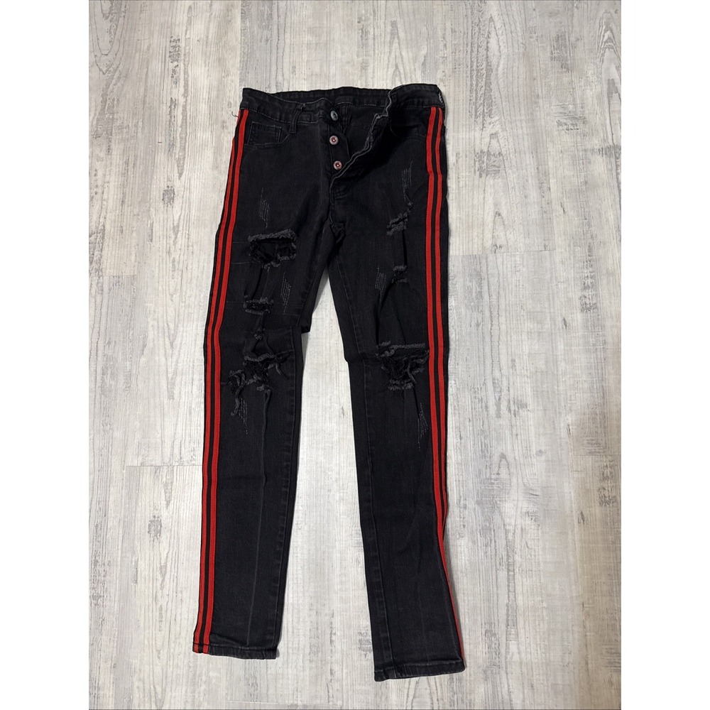 SHEIN BLACK DISTRESSED SKINNY JEANS‎ WITH RED STRIPS ON SIDE ~ 0
